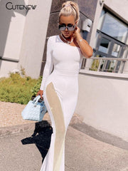 One Shoulder Jumpsuit Women Mesh Patchwork Skinny Flare Pants Playsuit Streetwear Fashion