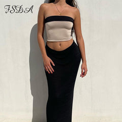 Strapless Crop Top & Bodycon Midi Skirt Set Women 2-Piece Elegant Casual Party Fashion