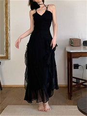 Hollow Out Midi Dress Women Black Sleeveless Elegant Evening Party Casual Fashion Dress