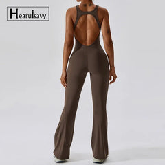 Fitness Bodysuit Women Gym Training Yoga Sportswear Stretch Workout Romper Flare Bottoms Activewear