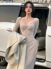 Long Sleeve Knit Midi Dress Women Elegant Square Neck Lace-Up Party Casual Fashion Dress