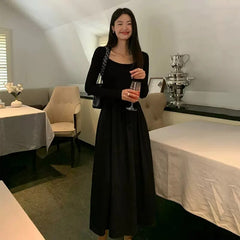 Vintage Square Collar Midi Office Dresses for Women with Pleated Long Sleeve Dress Pockets