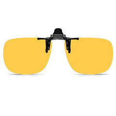 Yellow sunglasses with a black clip on a white background