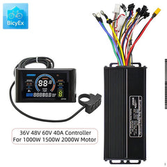 Electric bike controller with colorful wiring and display panel on a white background