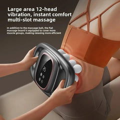 Person using a massage device on their back with text about its features.