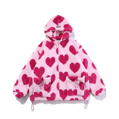 Faux Fur Jacket Women Pink Red Hearts Fleece Plush Hooded Cotton Padded Warm Winter Coat