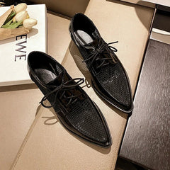 Oxford Shoes Women Mesh Net Lace-Up Genuine Leather Flat Derby Pointed Toe Low Heel Casual Shoes