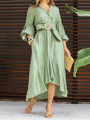Long Lantern Sleeve Midi Dress Women Vintage Belt Irregular Hem Elegant Casual Fashion Dress
