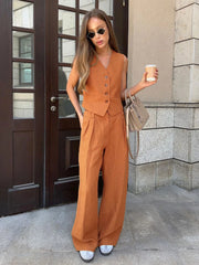Women's Linen Cotton Chic Vest & Pant Suit Two-Piece Set Office Casual Spring Summer Chic 2-Piece Set