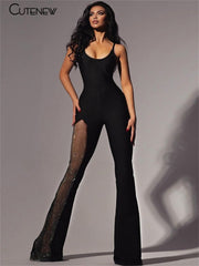 One Shoulder Jumpsuit Women Mesh Patchwork Skinny Flare Pants Playsuit Streetwear Fashion