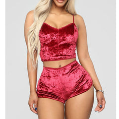 Velvet Pajama Set Women 2-Piece Shorts Top Party Casual Loungewear Sleepwear Fashion