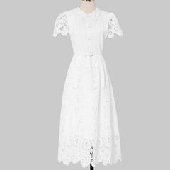 Midi Dress Women Flower Embroidered White Lace Short Sleeve Bow Pearl Bead Evening Prom Holiday Dress