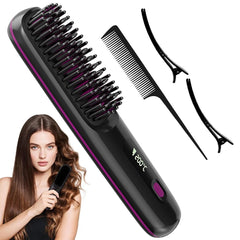 Hair straightening brush with comb attachment and a woman using it on a white background