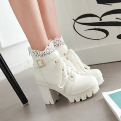 Platform Boots Women Goth Patchwork Hollow Lace Lolita Chunky High Heel Lace-Up Party Fashion Shoes