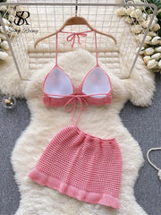 Halter Cami Set Women 2-Piece Backless Flower Hollow Out Short Skirt Beach Casual Fashion