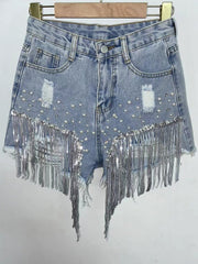 High Waist Wide Leg Denim Shorts Women Tassel Beading Elegant Casual Summer Fashion