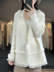 Merino Wool Cardigan Women 100% Tassel Wide Collar Elegant Autumn Winter Casual Fashion