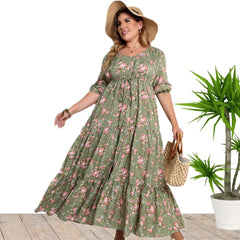 Plus Size Boho Maxi Dress Women Floral Print Loose Half Sleeve Split Hem Casual Summer Fashion