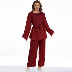 Plus Size Pant Set Women 2-Piece Lace-Up Solid Pattern Loose Fit Casual Fashion Outfit