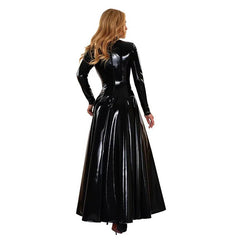 Maxi Dress Women Faux Leather Long Sleeve A-Line Fit Flare Trumpet Mermaid Slim Big Hem Club Party