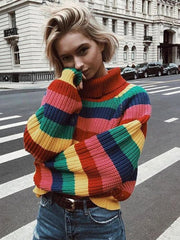 Turtleneck Sweater Women Long Sleeve Rainbow Stripe Knitted Pullover Jumper Warm Casual Fashion Top