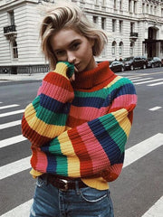 Turtlenecks Sweaters for Women Long Sleeve Striped Rainbow Striped Top Turtleneck Knitted Sweater Jumper Shirt