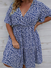 Plus Size Floral Print Casual Dress Women V-Neck Short Sleeve Summer Beach Vacation Fashion