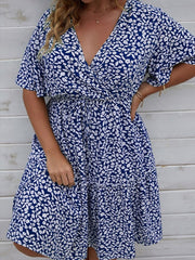 Plus Size Floral Print Casual Dress Women V-Neck Short Sleeve Summer Beach Vacation Fashion