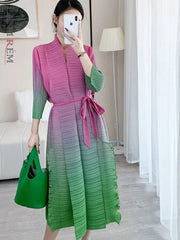 Midi Dress Women Gradient Color Pleated Open Stitch Belt Elegant Party Cocktail Fashion Dress