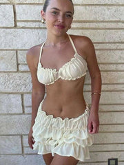 Skirt Set Women 2-Piece Ruffle Crop Camisole Top Pleated Skirt Beach Vacation Casual Summer Matching