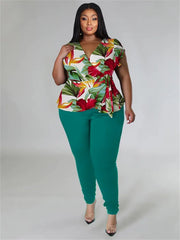 Pant Set Women Plus Size 2-Piece Printed Top Solid Matching Leggings Casual Spring Summer Suit