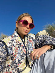 Quilted Cotton Jacket Women Vintage Flower Print Spliced Oversized Long Sleeve Warm Outerwear