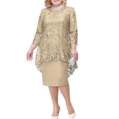 Plus Size Floral Embroidered Midi Dress Women Sky Blue 3/4 Sleeve Wedding Guest Knee Length