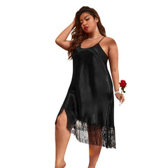 Plus Size 5XL Women's Nightgown Sleepwear Sexy Black with Tassels Spaghetti Strap Nightdress Nightwear Loose Satin Nightgown