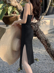 Spaghetti Strap Bodycon Midi Dress Women Elegant Casual Summer Beach Vacation Party Fashion