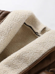 Faux Leather Jacket Women Fur Collar PU V-Neck Belt Patchwork Vintage Winter Warm Coat Motorcycle