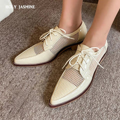 Oxford Shoes Women Mesh Net Lace-Up Genuine Leather Flat Derby Pointed Toe Low Heel Casual Shoes