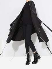 Gothic Ribbon Pleated Coat Women Black Hollow Out Loose Fit Casual Streetwear Outerwear Fashion