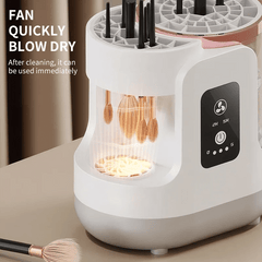 White hair dryer with transparent front panel displaying glowing elements, placed on a surface with text indicating quick drying and immediate use after cleaning.