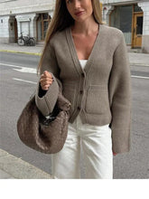 Solid V-neck Single Breasted Cardigan for Women Long Sleeve Pockets Ruched Slim Fit Sweater