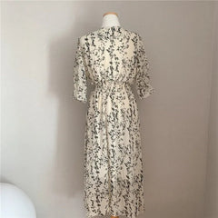 Floral Chiffon Maxi Dress Women Vintage Slim Elastic Waist A-Line V-Neck Elegant Office Spring Summer
