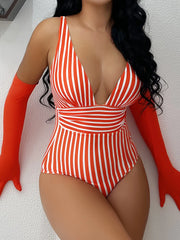 Striped One-Piece Swimsuit Vintage Swimwear Women's V-Neck Bathing Swimsuit Beachwear Bodysuit