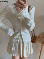 Skirt Set Women Elegant Pleated 2-Piece Slim Button Knitted Cardigan High Waist Mini Skirt Fashion