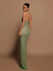Sequin Maxi Dress Women Halter Deep V-Neck Green Sleeveless Backless Slim Elegant Wedding Party Prom