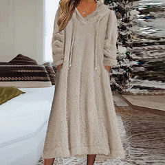 Fleece Hooded Sweatshirt Dress Women Long Sleeve Pullover A-Line Warm Loose Casual Fashion