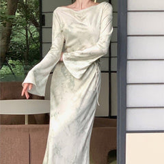 Long Sleeve Maxi Dress Women Elegant French Print Lace-Up Slash Neck Evening Party Fashion Dress