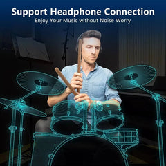 Man playing drums with a headset, highlighting support for headphone connection.