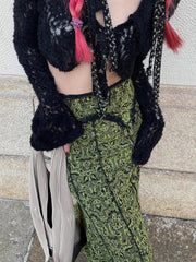 Maxi Skirt Women Y2K Vintage Green Mermaid Graphic Print Lace Trim Mid-High Waist 2000s Aesthetic