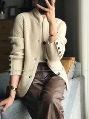 Cashmere Cardigan Women Knitted Premium Wool Long Sleeve Half High Collar Solid Elegant Fashion Top