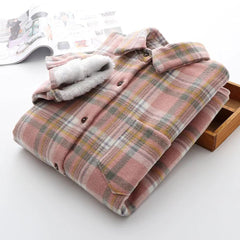 Velvet Plaid Flannel Jacket Women Thick Soft Warm Vintage Casual Fall Outerwear Fashion
